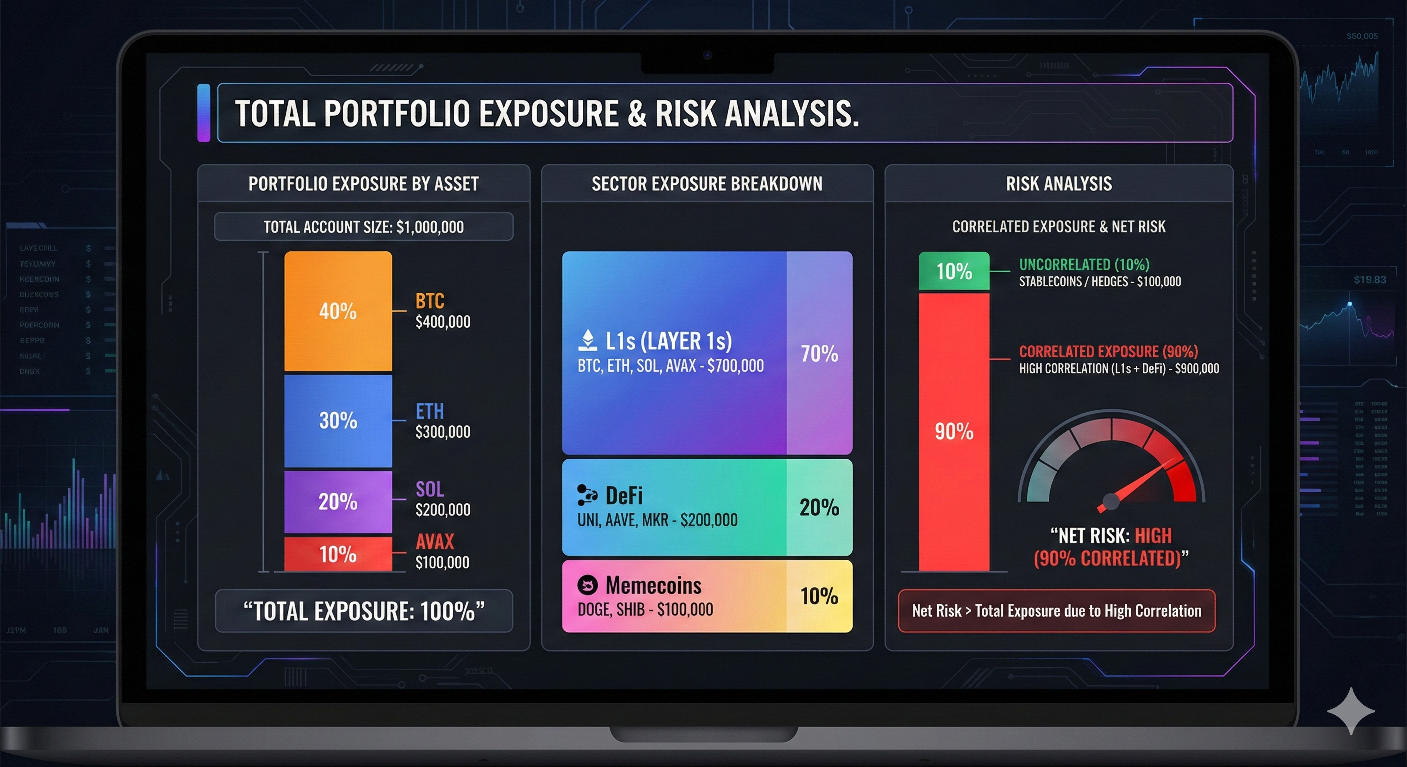 Portfolio exposure breakdown showing allocations by coin or sector and correlated exposure