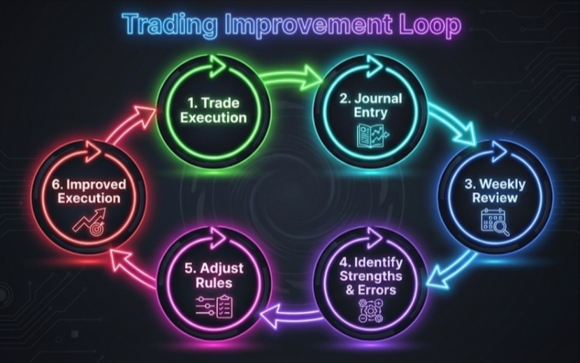 Trading improvement loop diagram showing execute, journal, review, adjust and improve